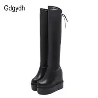 Gdgydh Over The Knee Boots Women Autumn Thigh High Boots Black Leather Shoes Ladies Footwear Shoes Height Increasing Platform