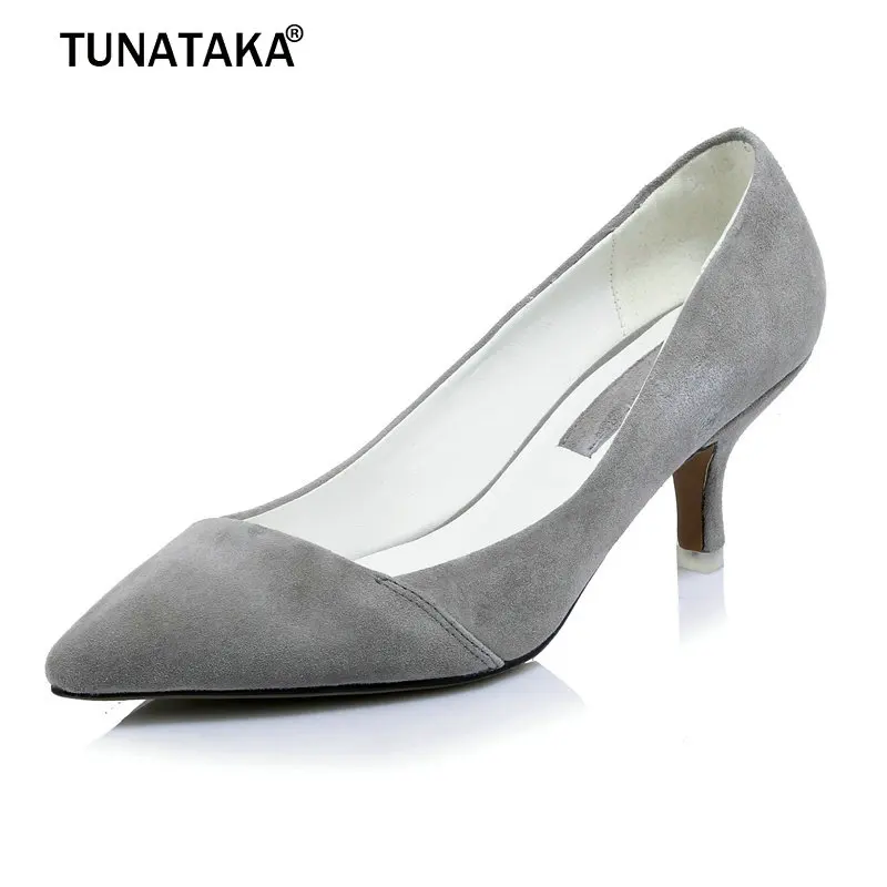 

Woman Cow Suede High Heel Lazy Shoes Pointed Toe Shoes Fashion Shallow Party Pumps Thin Heel Black Light Gary Green