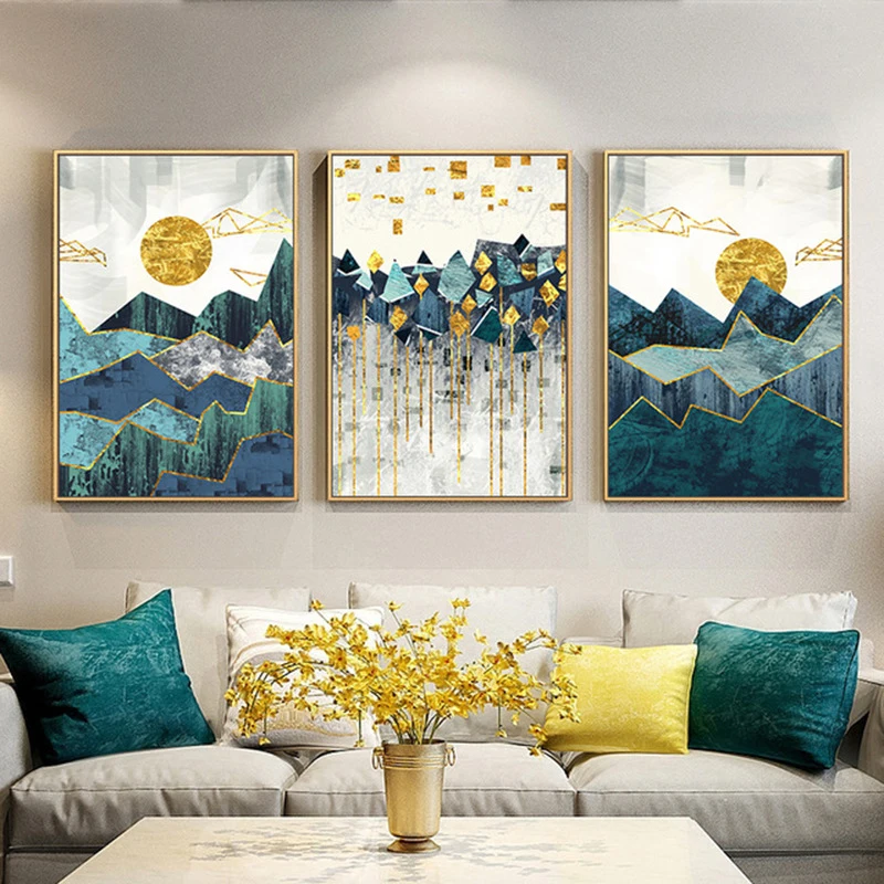 Скандинавских абстрактных геометрических горных настенных художественных картин золотое солнце художественный плакат печать Настенная картина для украшения гостиной