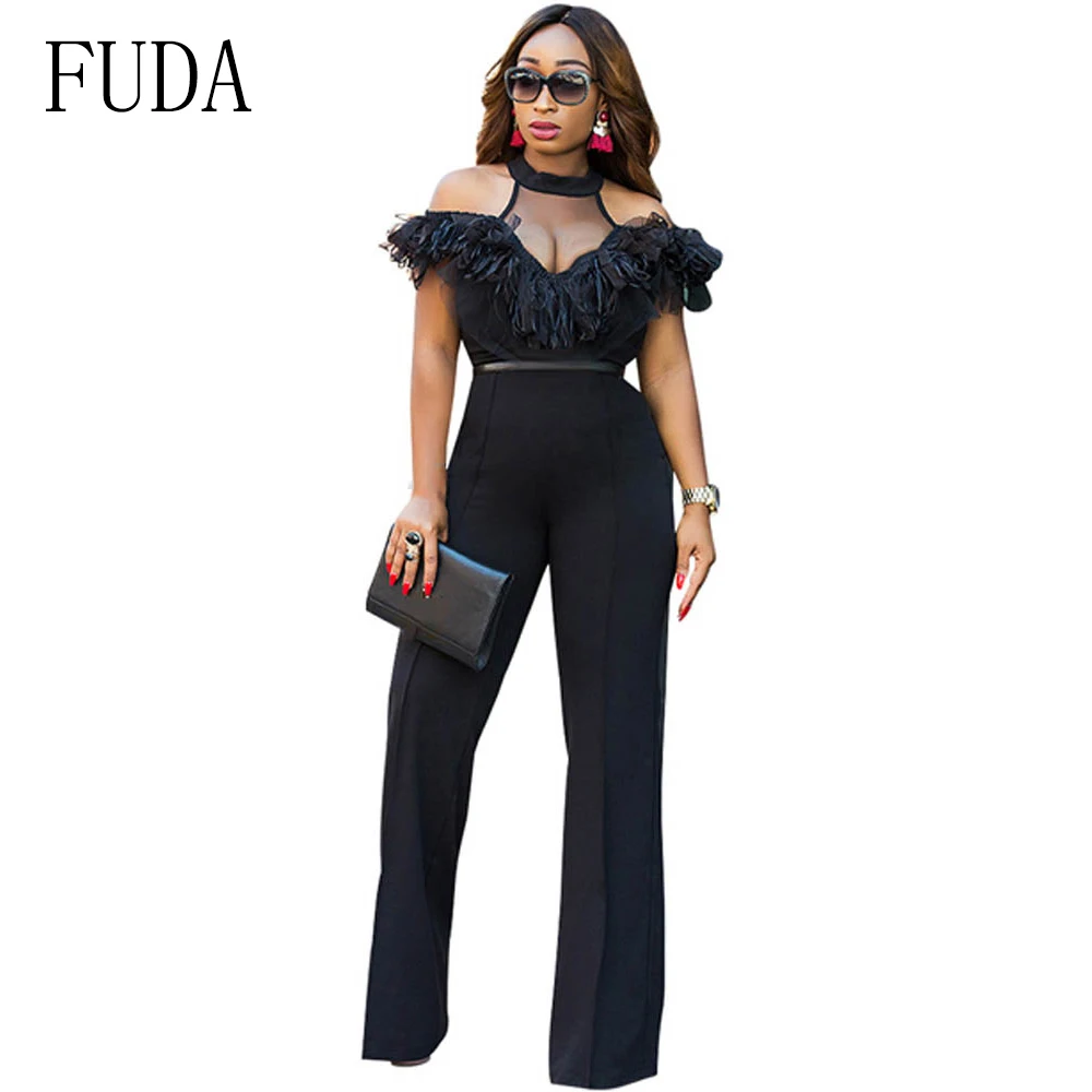 FUDA Off Shoulder Sexy Jumpsuit Elegant Halter Lace Ruffles Overalls Clubwear One Piece Long Wide Leg Rompers Womens Jumpsuit
