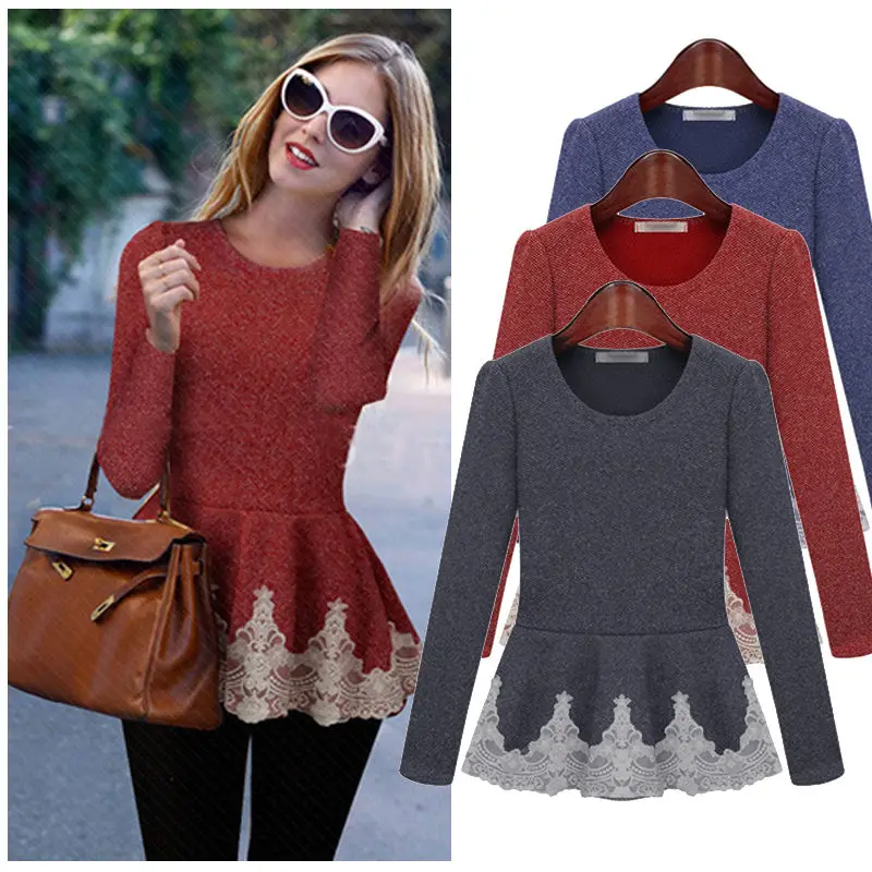 

Ladies Solid Gray Lace Flared Stretchy Peplum Frill Size New Womens Top Slim Long Sleeve Blouse Shirt