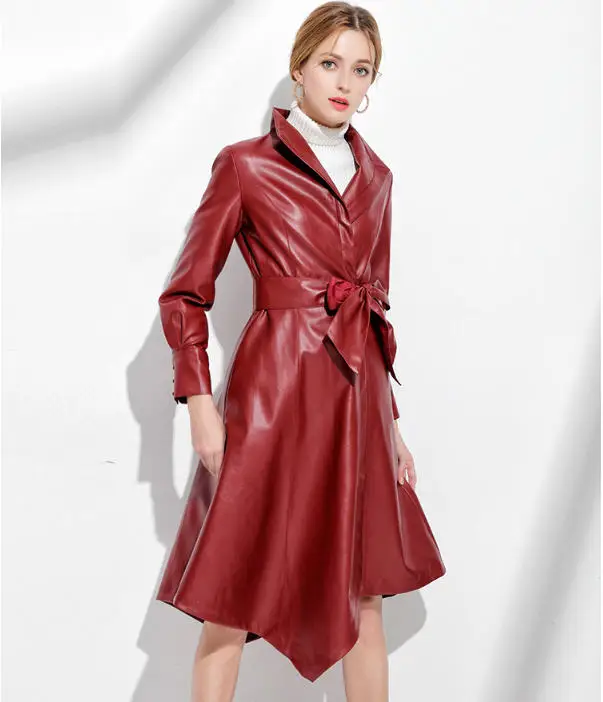Женские Длинные куртки и пальто из искусственной кожи с поясом, женские модные куртки с неровным подолом из искусственной овечьей кожи высокого качества A3640