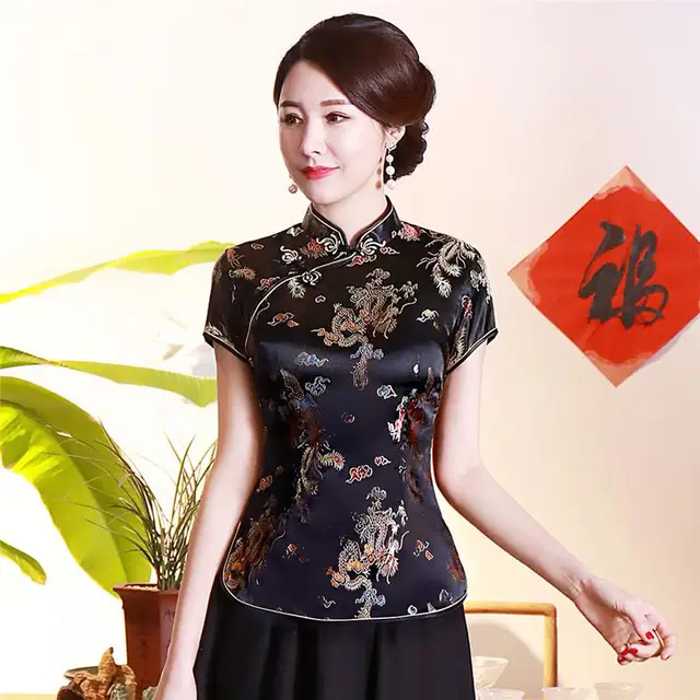 Vintage Flower Women Chinese Traditional Satin Blouse Summer Sexy Shirt Novelty Dragon Clothing Tops Plus Size 3XL 4XL WS009 Black Dragon