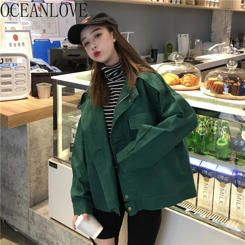 

OCEANLOVE Casual Solid Zipper Women Jacket Single Breasted Pockets Streetwear Chaqueta Mujer 2019 Autumn Korean Jackets 12625