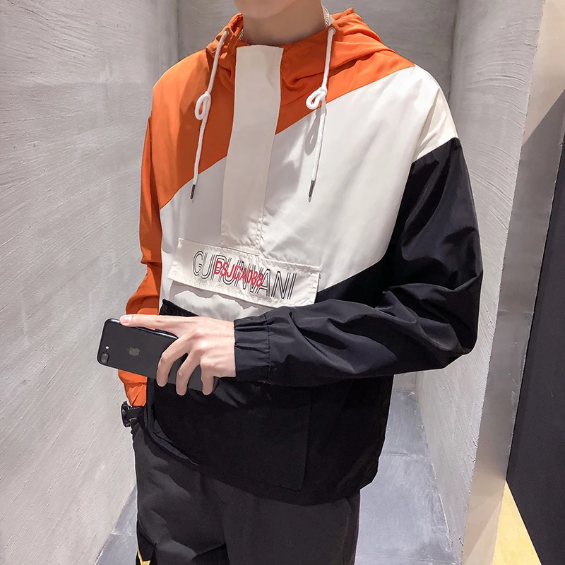 5XL-M Men Jacket Brand New Patchwork Color Windbreaker Jacket Men Front Pocket Streetwear Hooded Jackets Plus Size Outwear Coats