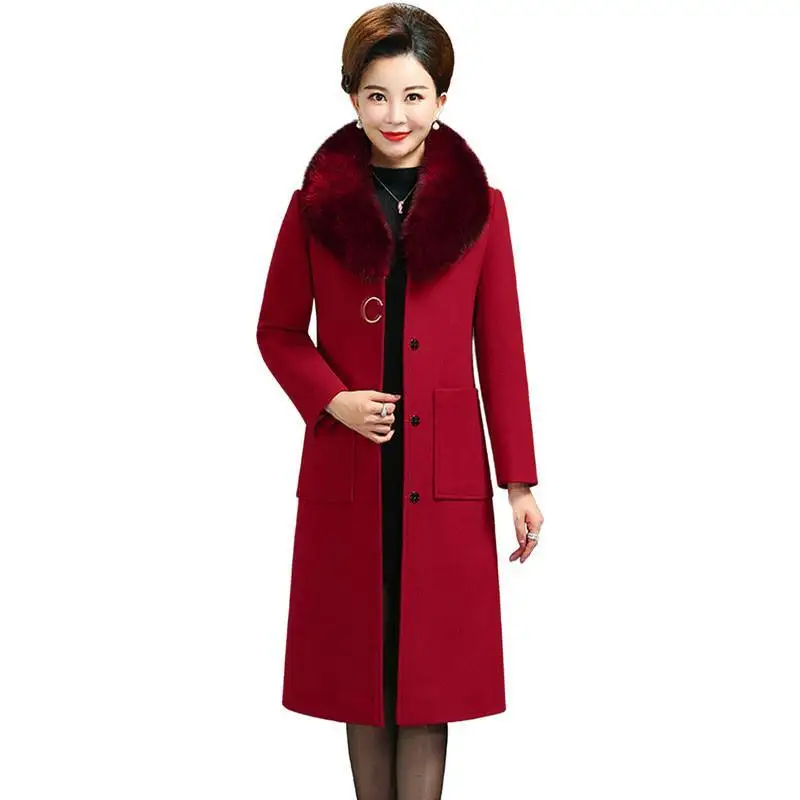 #*Cheap Women 2019 Autumn Winter Faux Fur Collar Wool Blends Coats Female Thicken Warm Woolen Overcoats Slim Outwear Plus Size 5XL V622