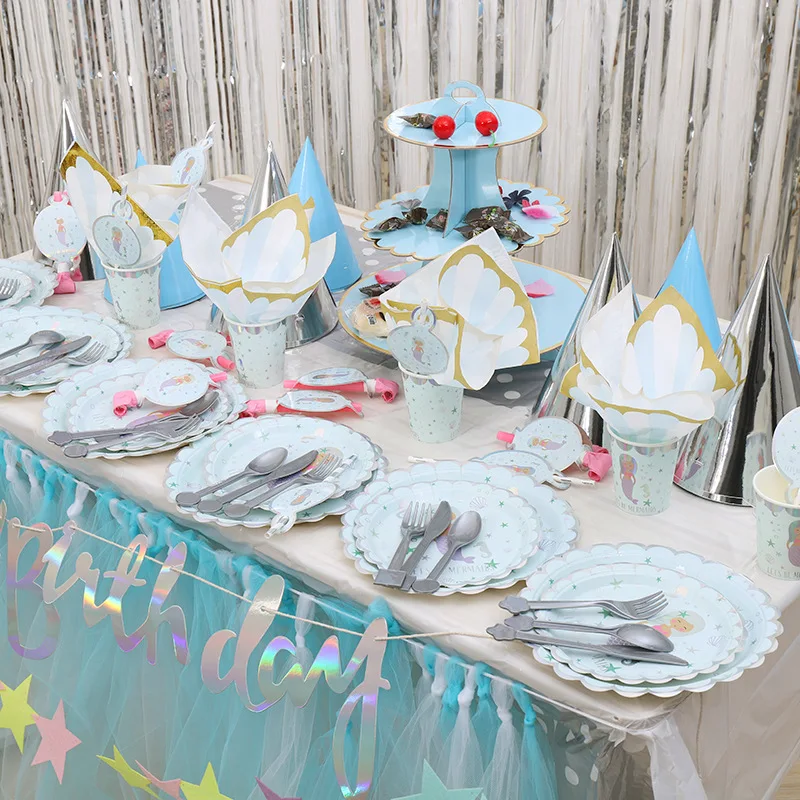 

Mermaid Theme Tableware Birthday Party Decoration Kids paper plate Cups Napkins Tablecloth Balloon Flag Straw Party Supplies