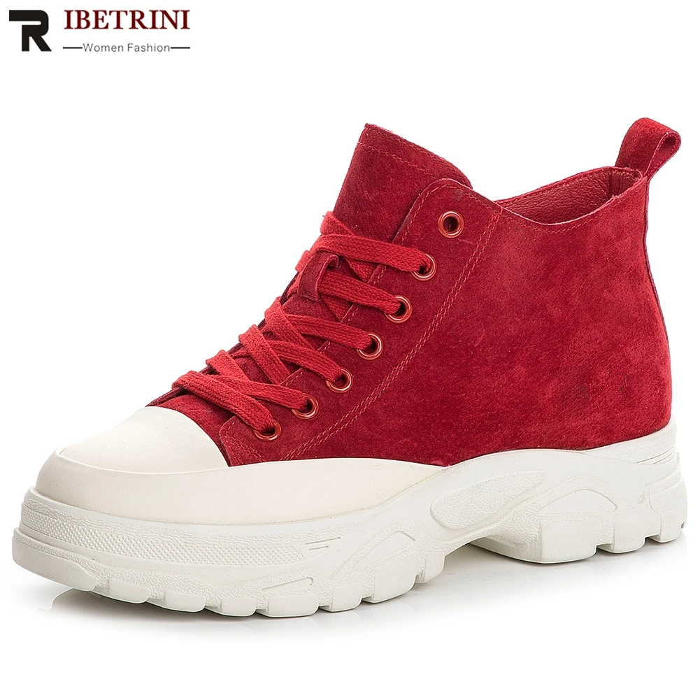 

RIBETRINI Hot Sale 2019 High Quality Lace Up INS Shoes Woman Sneakers Flat Platform Casual Black Red Sneaker Woman Shoes