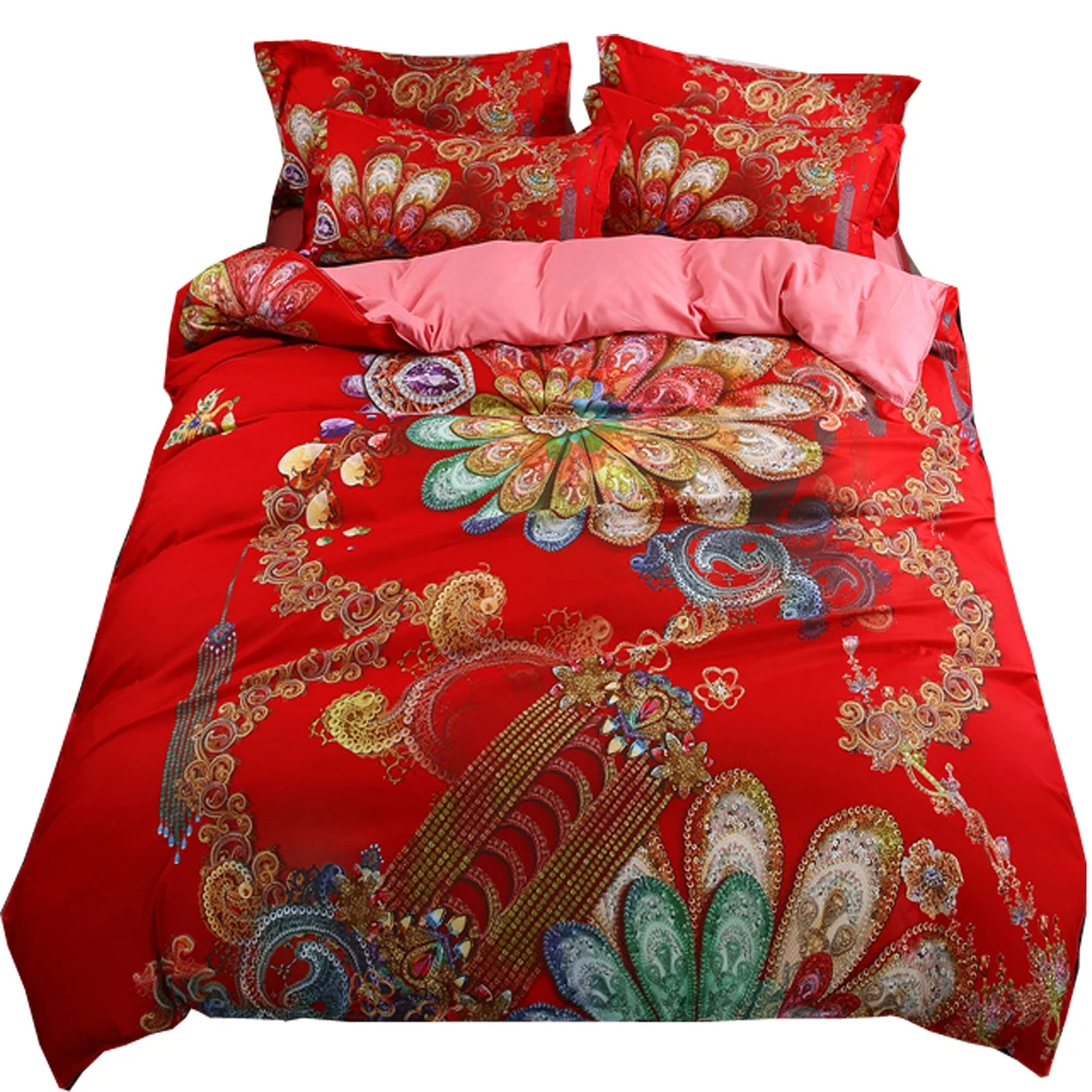 Yeekin Peacock Feather Red Wedding Duvet Bedlinen Sheet King Queen