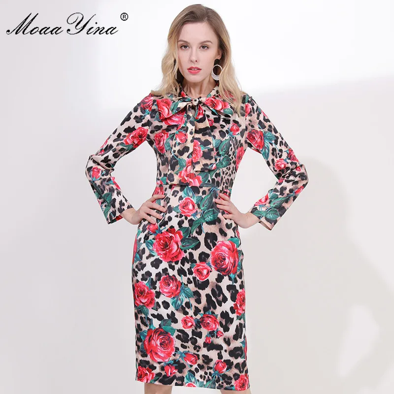 

MoaaYina 2019 Spring Sexy Leopard Bow collar Women's Fashion Designer Dress Long sleeve Rose Print Package Slim buttocks Dresses
