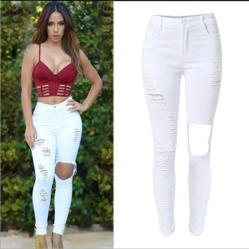 Белые Горячие Джинсы женские с высокой талией рваные джинсы сексуальные джинсовые эластичные узкие женские брюки