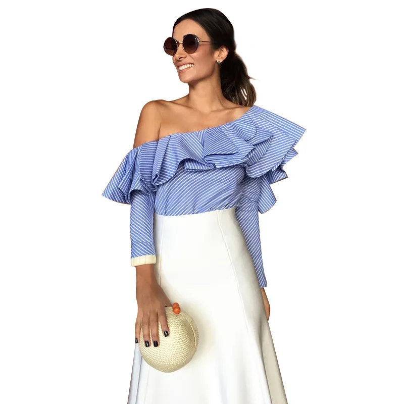 One shoulder off blouse women blue stripe ruffles collar