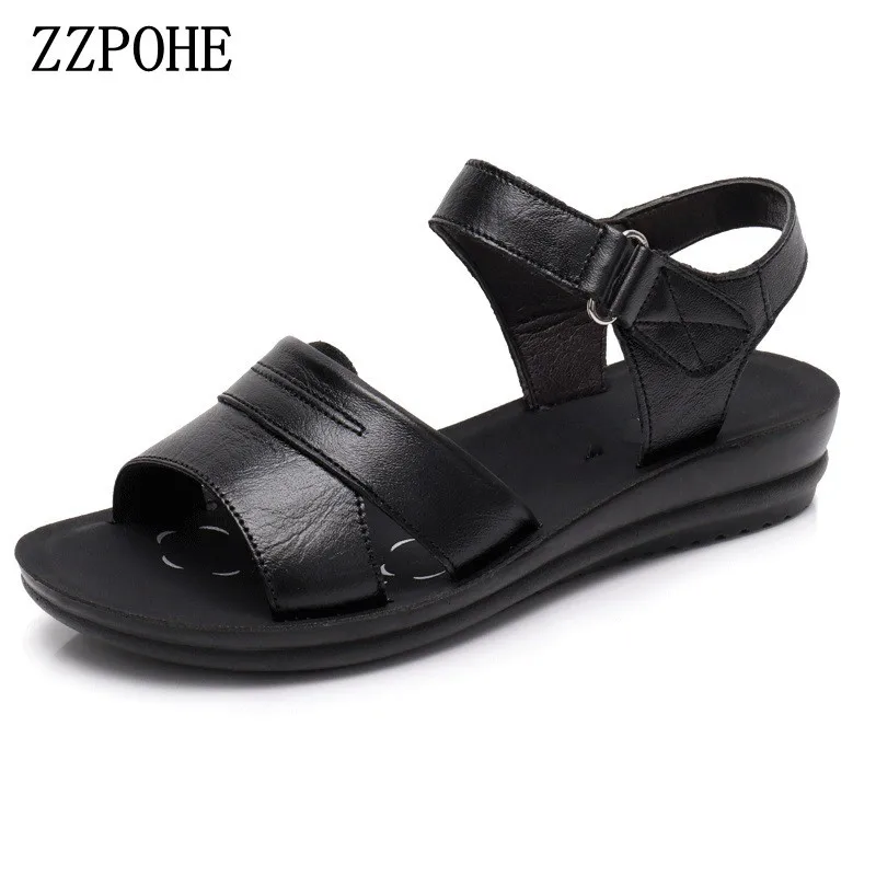 

ZZPOHE summer women shoes mother soft leather large size flat sandals middle-aged casual comfortable female shoes