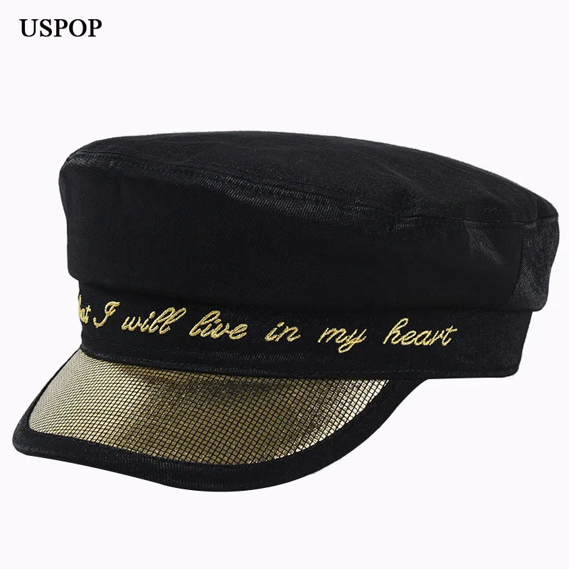 

USPOP 2019 Autumn hats caps for women embroidery letter newsboy caps flat top patchwork visor caps military cap