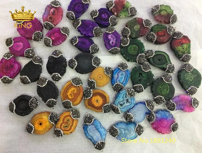 

5pcs Random Sun Flower Color Sale,Double Rhinestones with Slice Solar Quartz Druzy Crystals Connectors Links Bracelet Bulk HSC08