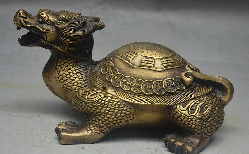 

10" China FengShui Bronze Auspicious Eight Diagrams Dragon turtle Coin Statue