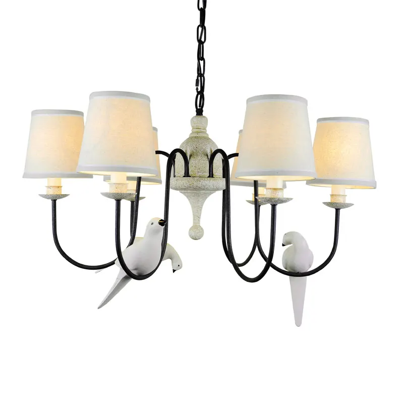 

Cottage Bird Chandelier Living Room Stair Light Black Iron Retro Resin Country Style Flaxen Fabric Lampshade Lamp E14 110-220V