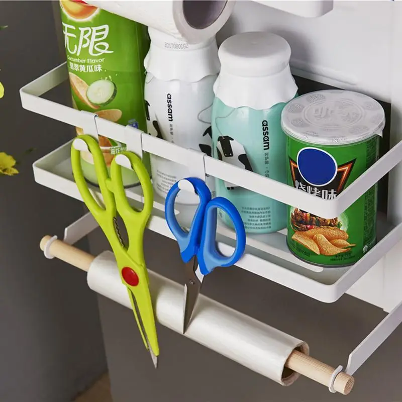 Кухня Магнитная стеллаж для хранения холодильник полка с крючками миска для сухой закуски Организатор баночки специй бумага полотенца(белый