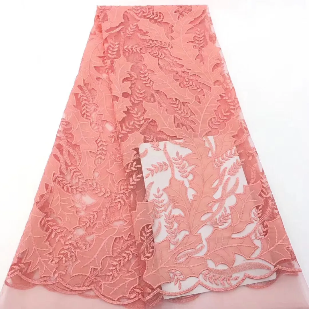 

2019 Nigerian High Quality Wedding Lace African Lace Fabric Dubai Bridal Tulle French Cord Lace Fabric For 5yards Pink CD2893