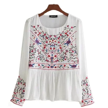 

Sweet Floral Embroidered Flower Chiffon Blouse Shirts Women 2018 Fashion Long Sleeve Pleated Blouses Casual Femme Blusas