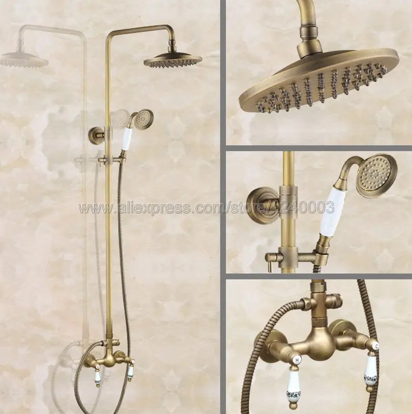 

Bathroom 8" Rainfall Shower Faucet Set Antique Brass Dual Handle Bath Shower Mixer Taps Wall Mounted with Handshower Kan108