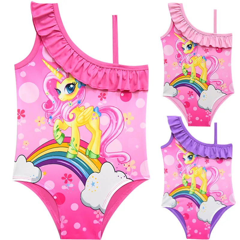 

baby Bathing Suit Girls One Piece Unicorn Swimsuit Cartoon One Shoulder Swimwear Girl Children Cute Ruffle clothes