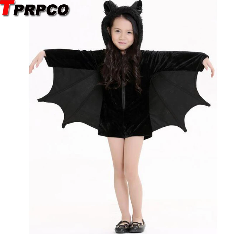 

Child Anime Cosplay Cute Bat Costume Kids Halloween Costumes For Girls Black Jumpsuit Connect Wings Cosplay Batman NL168