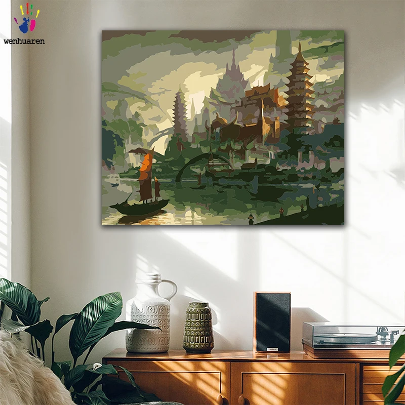 

DIY colorings pictures by numbers with colors Lakeside temple view picture drawing painting by numbers framed Home