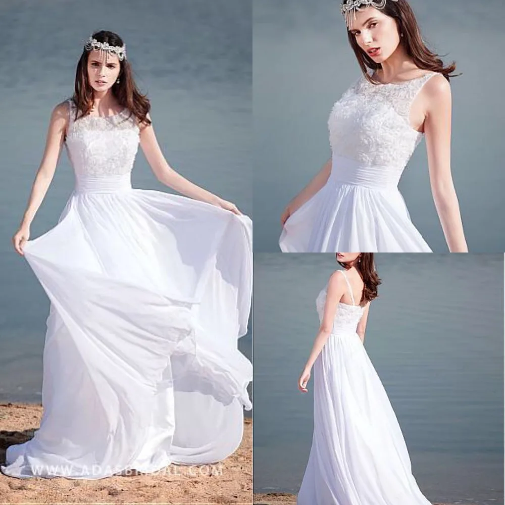 

Elegant Chiffon Scoop Neckline A-line Wedding Dresses Flower Top Backless Beach Bridal Gowns Ruched Long Dress