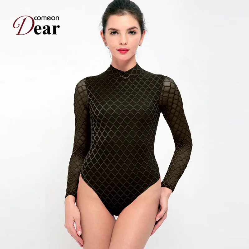 

Comeondear Turtleneck Bodysuit Black Checkered Pattern Skinny Sexy Bodysuit Long Sleeve Elegant Bodys Mujer 2018 Teddies RB80752