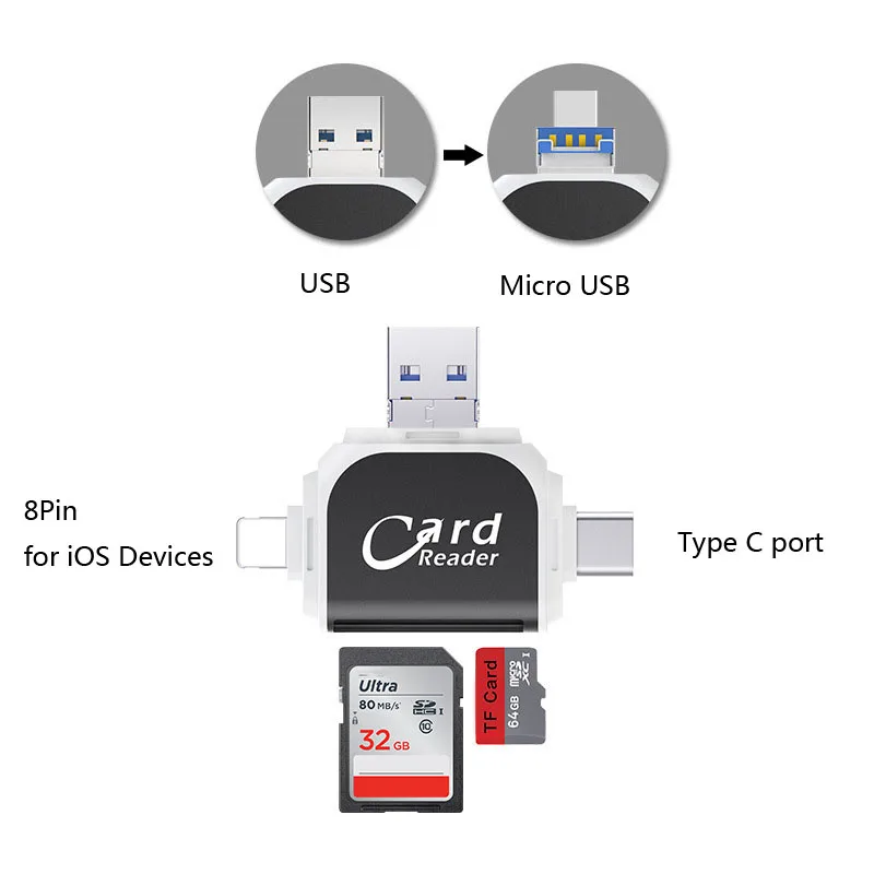 4в1 SD TF кардридер для iOS все микро-usb для устройств на аndroid Тип C 8Pin TF SDHC MicroSD SD считыватель карт OTG карта памяти адаптер для ПК телефон