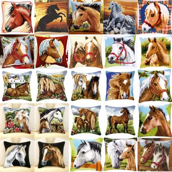 

Horse DIY Needlework Kit Acrylic Yarn Embroidery Pillow Tapestry Canvas Cushion Front Cross Stitch Pillowcase