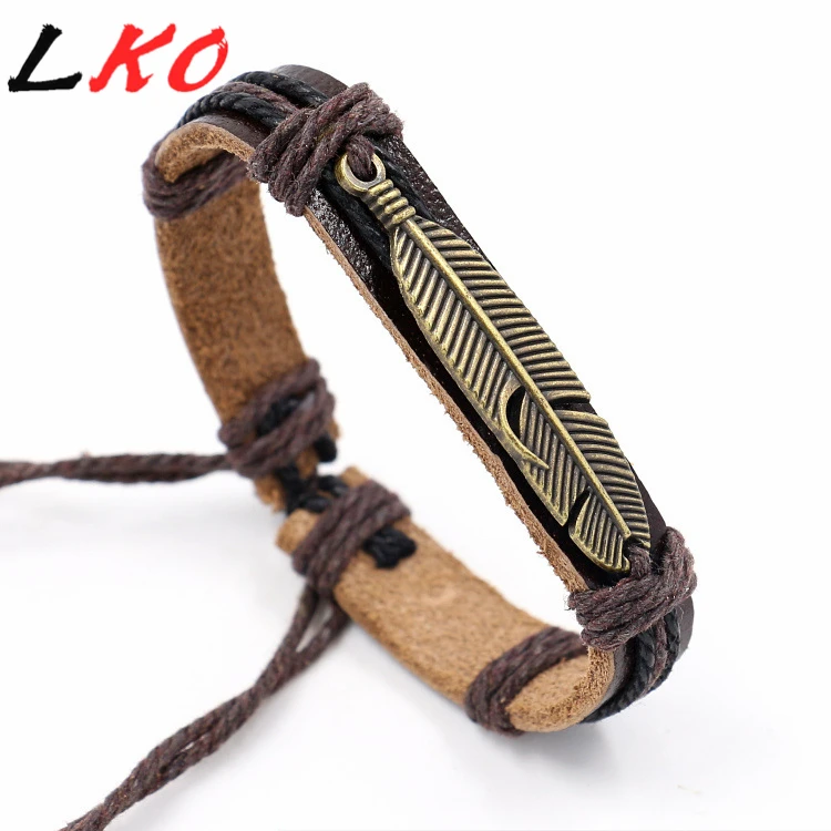 Fashion Men Leather Bracelet Wholesale Feather Charms Bracelets &Bangles Black Leather Bracelets ...