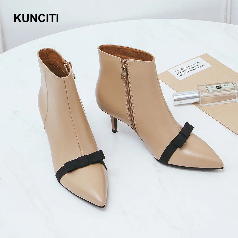 

2019 KUNCITI Pointed Toe Womens Chelsea Boots Bow Tie High Heel Ankle Booties Shoes Genuine Leather Ladies Mujer Botas D578