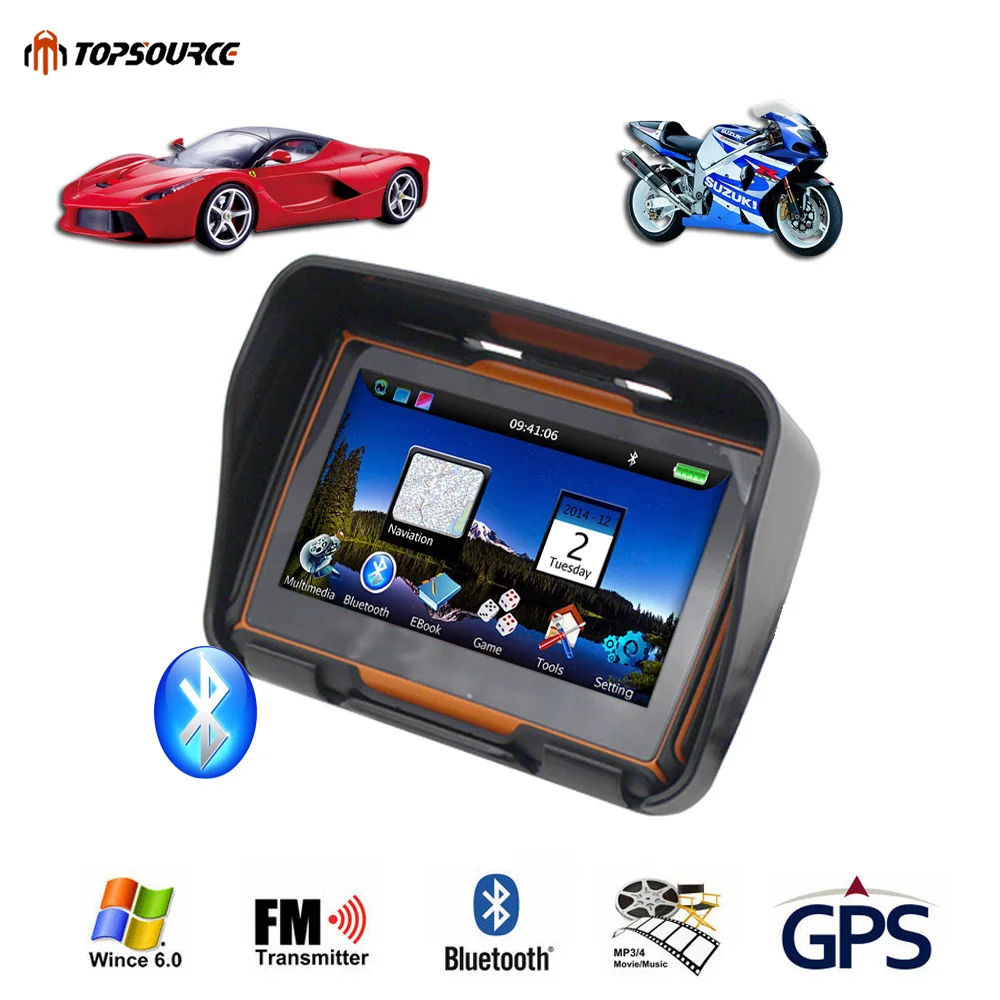TOPSOURCE 256M RAM 8GB Flash 4.3 Inch Car Motor Navigator GPS Motorcycle Waterproof GPS Navigation with FM Bluetooth Free Maps