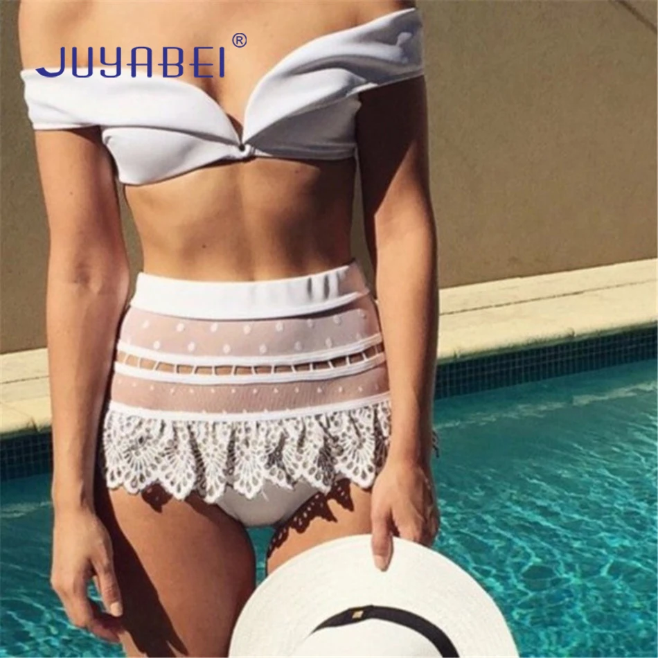 

JUYABEI Sexy White Off Shoulder Bandeau High Waist Bikini Set Mesh Patchwork Lace Swimwear Bathing Suit Mujer Beach Swimsuit