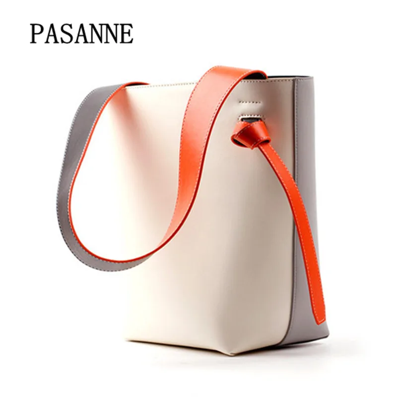 

PASANNE 2017 New Woman Bucket Bags Fahsion Patchwork Luxury Panelled Female Split Handbag Genuine Leather Women Shoulder Bag