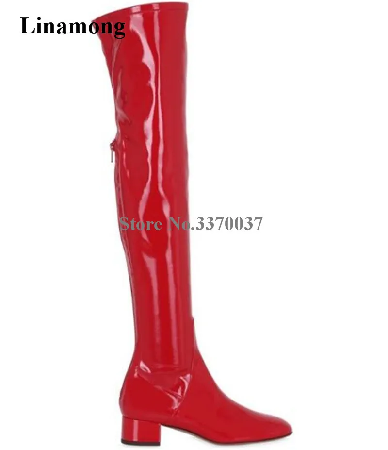 New Fashion Women Winter Slim Patent Leather Red Black Over Knee Low
