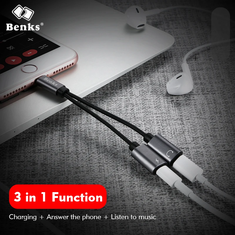 Koop Benks U37 Luisteren en Opladen 3 in 1 Adapter Voor Bliksem Hoofdtelefoon Oplader Voor iPhone X XR XS Max 7 8 Plus Opladen Adapter