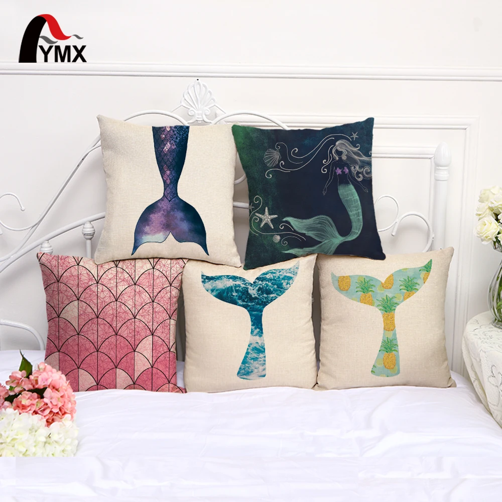 Cartoon Mermaid Series Cushion Cover Cotton Linen Square Sofa