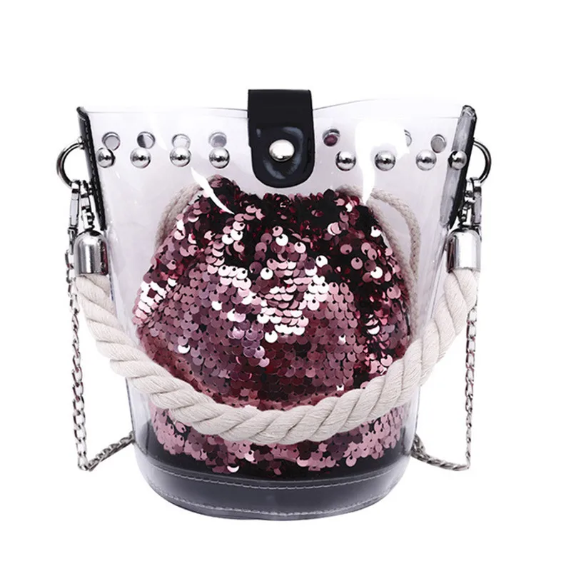 

New Outdoor Women's Clear Transparent Shoulder Hand Bag Sequins Summer Beach Handbag Bath Wash Bag Pvc Beach And Pool Bag