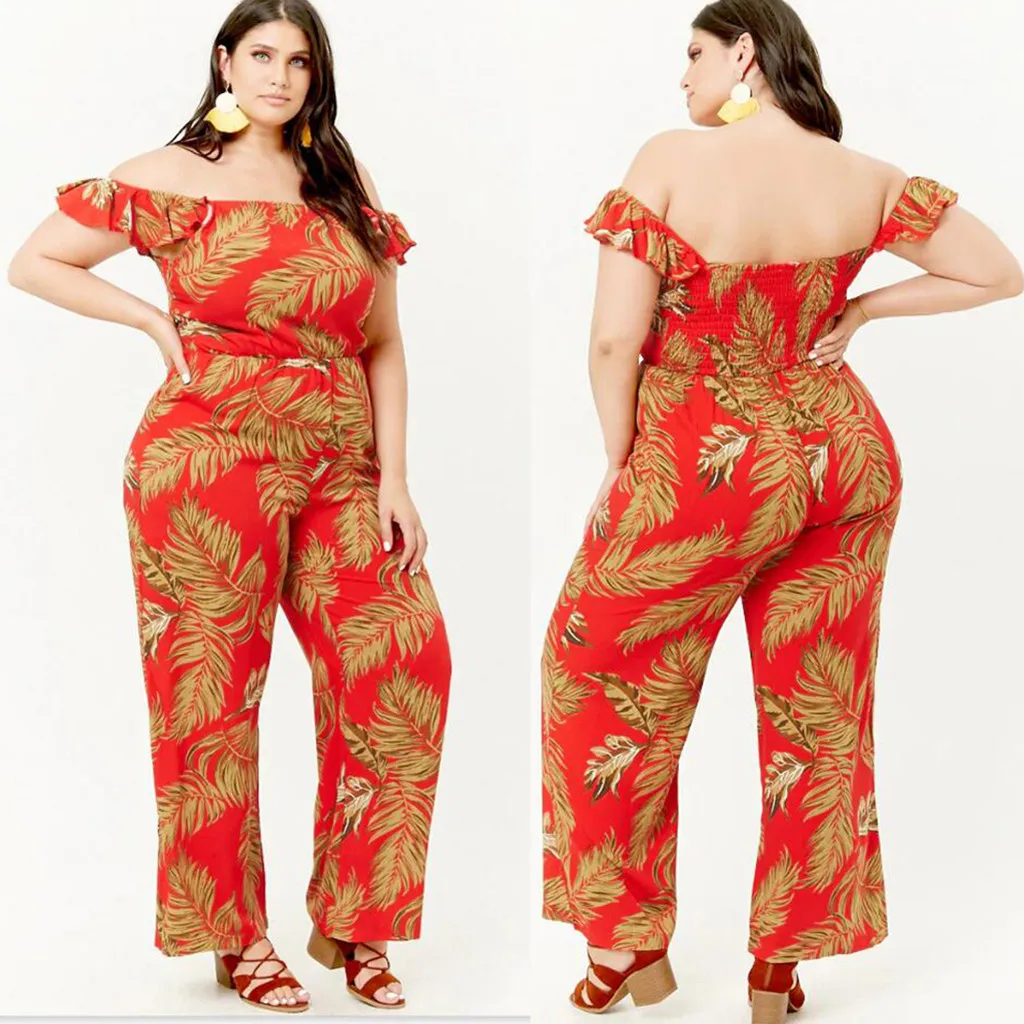 

2019 New Ruffles jumpsuits women xxxl Women's Plus Size Casual Bohemian Printed Ruffled Salsh Neck Jumpsuit jumpsuit elegant
