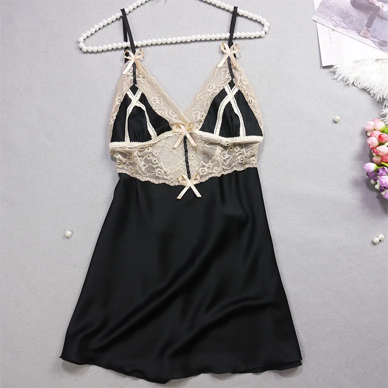 Сексуальная кружевная женская летняя ночная рубашка без черных пустотелых ледяных шелковых атласных белья Спагетти ремень модная Пижама - Цвет: black