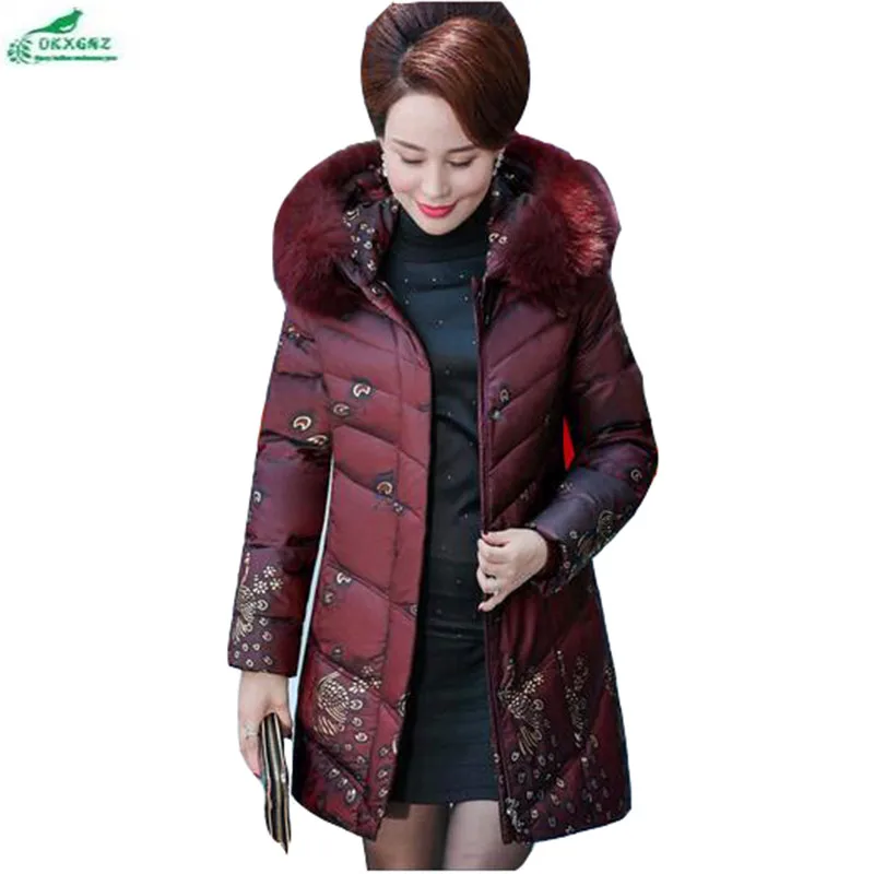 Chaqueta Invierno De Largo Okxgnz Más Medio violet Grande Red Abrigo Pluma Green Algodón Dark Collar Tamaño Nueva Pieles Animales Mujeres Ropa bordeaux FPxW7pwqnq