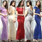 Save 1.3 on sequin sexy long dress deep v neck Short sleeve dress women summer silver sequin red blue sparkling gold fishtail backless dress