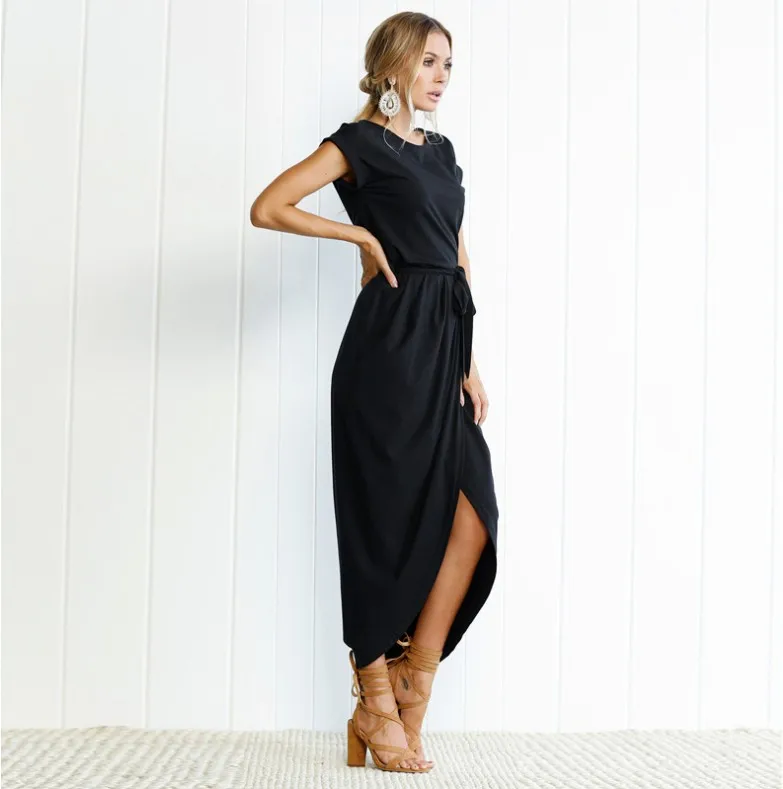 Горячая Распродажа супер модное классическое дизайнерское Женское Платье макси с коротким рукавом и высоким разрезом с поясом множество цветов на выбор