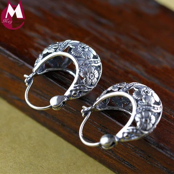 

100% 925 Sterling Silver Earrings For Women Simple Handmade Vintage Hollow Carving Flower Drop Earrings Wedding Jewelry SE49