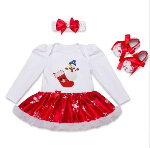 Рождественский комплект одежды для маленьких девочек, Хлопковое платье-комбинезон с длинными рукавами+ туфли+ повязка на голову, 3 предмета, вечерние платья для малышей комбинезон для новорожденных - Цвет: as photos