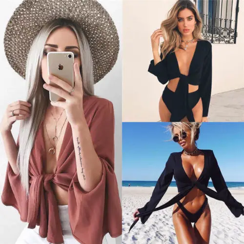 Women Blouses New Sexy Long Flare Sleeve Bandage Blouse Tops Sexy V Neck Blouses Shirts Solid Color Crop Tops Women's Clothes