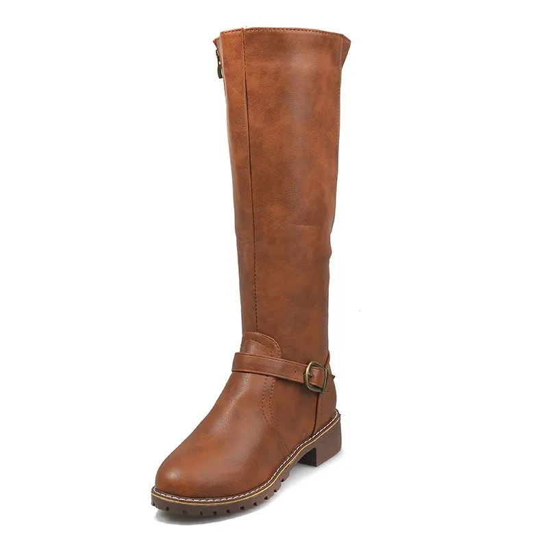 SLHJC/Коллекция года; сезон осень-зима; женские сапоги до колена с боковой молнией на среднем каблуке в стиле ретро; кожаные сапоги для верховой езды размера плюс; Женская Классическая мода - Цвет: brown